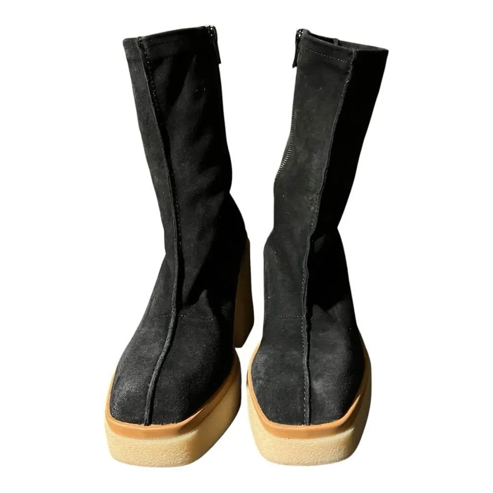 Free People Gigi Ankle Bootie 7 / 37.5 Black Suede Leather Square Toe‎ Platform